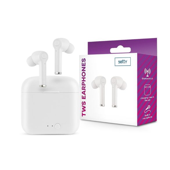 Setty TWS Bluetooth sztereó headset v5.0 + töltőtok - Setty ECA-01 True WirelessEarphones with Charging Case - fehér