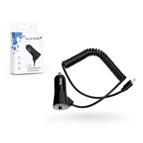   USB Type-C szivargyújtós gyorstöltő spirál kábellel + USB bemenettel - 5V/3A - fekete