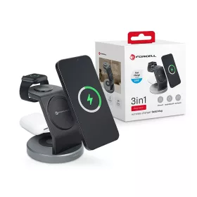   Forcell Qi univerzális vezeték nélküli töltő állomás - 15W - Forcell Solid      Magsafe 3in1 Wireless Charger for iPhone + iWatch + AirPods - fekete