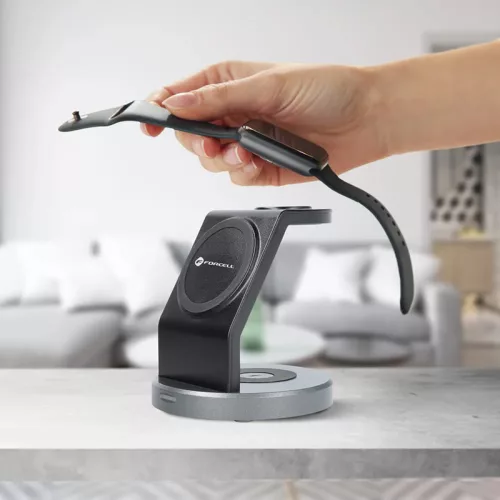 Forcell Qi univerzális vezeték nélküli töltő állomás - 15W - Forcell Solid      Magsafe 3in1 Wireless Charger for iPhone + iWatch + AirPods - fekete