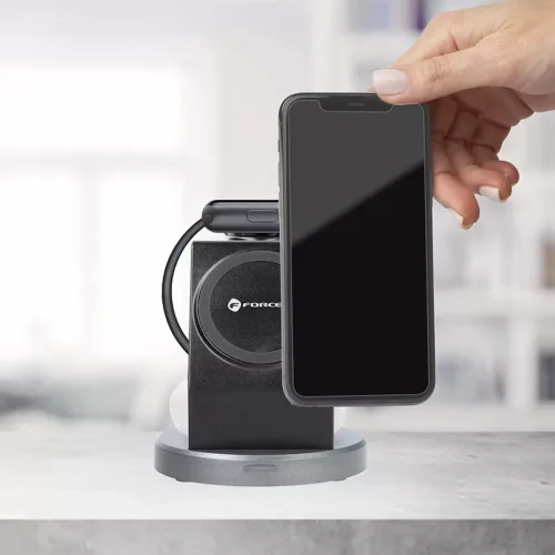 Forcell Qi univerzális vezeték nélküli töltő állomás - 15W - Forcell Solid      Magsafe 3in1 Wireless Charger for iPhone + iWatch + AirPods - fekete