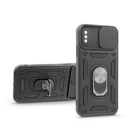   Apple iPhone X/XS ütésálló hátlap gyűrűvel és kameravédővel - Slide Armor -     fekete