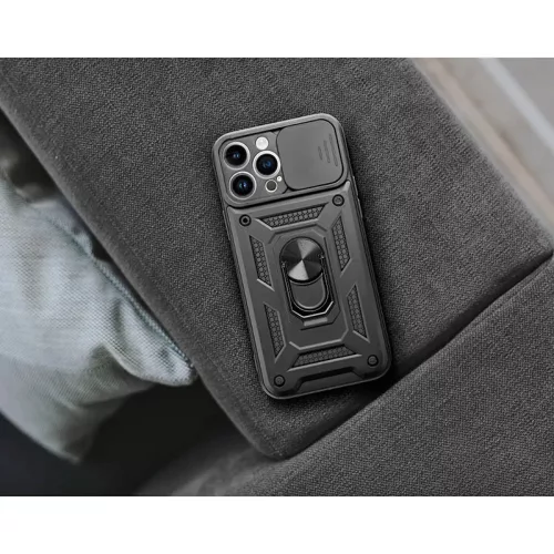 Apple iPhone 13 ütésálló hátlap gyűrűvel és kameravédővel - Slide Armor - fekete