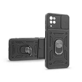   Samsung A125F Galaxy A12 ütésálló hátlap gyűrűvel és kameravédővel - Slide Armor- fekete