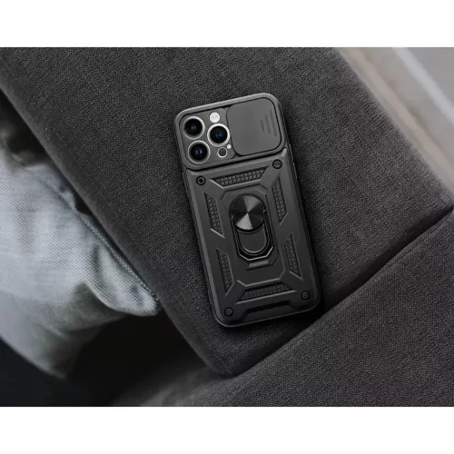 Apple iPhone 15 ütésálló hátlap gyűrűvel és kameravédővel - Slide Armor - fekete