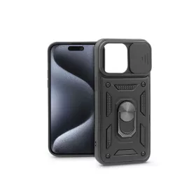   Apple iPhone 15 Pro ütésálló hátlap gyűrűvel és kameravédővel - Slide Armor -   fekete