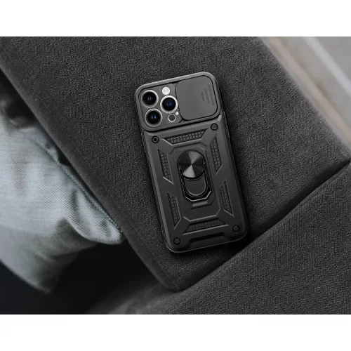 Samsung Galaxy A25 5G ütésálló hátlap gyűrűvel és kameravédővel - Slide Armor - fekete