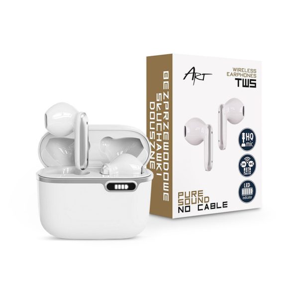 ART TWS Bluetooth sztereó headset v5.1 + töltőtok - ART AP-TW-B4W True Wireless Earphones with Charging Case - fehér