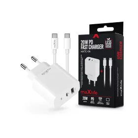   Maxlife MXTC-06 PD+QC 20W hálózati gyorstöltő adapter USB + Type-C + Type-C/Type-C kábel - fehér