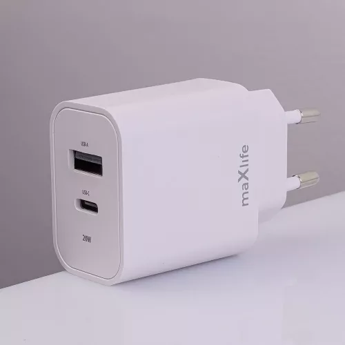 Maxlife MXTC-06 PD+QC 20W gyorstöltő adapter USB + Type-C + Type-C/Lightning kábel - fehér