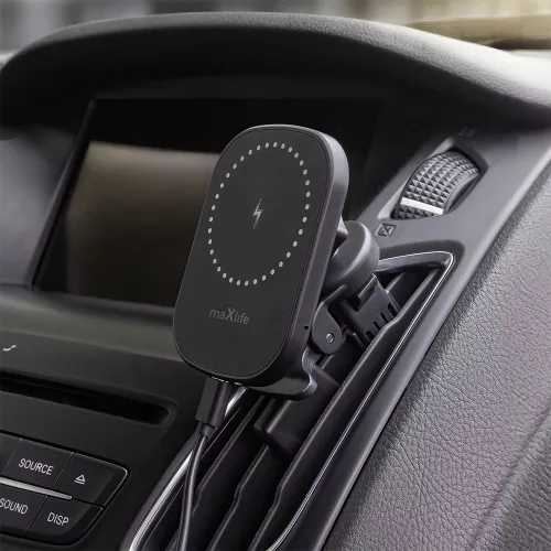 Maxlife szellőzőrácsba illeszthető vezeték nélküli autós tartó/gyorstöltő MagSafe funkcióval - 15W - Maxlife MXCH-16 Magnetic Car Holder - fekete