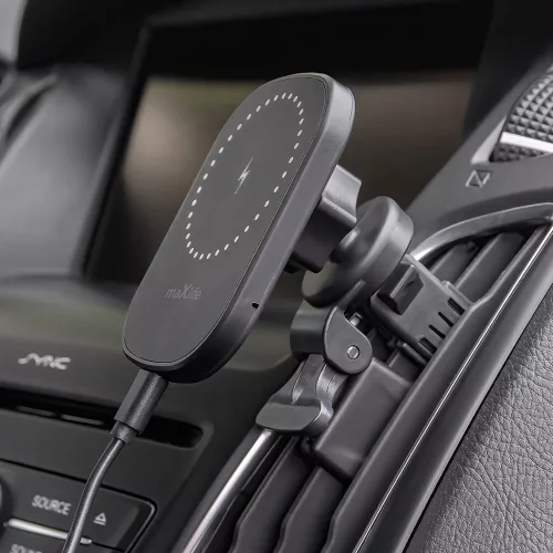 Maxlife szellőzőrácsba illeszthető vezeték nélküli autós tartó/gyorstöltő MagSafe funkcióval - 15W - Maxlife MXCH-16 Magnetic Car Holder - fekete