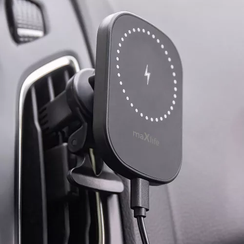 Maxlife szellőzőrácsba illeszthető vezeték nélküli autós tartó/gyorstöltő MagSafe funkcióval - 15W - Maxlife MXCH-16 Magnetic Car Holder - fekete