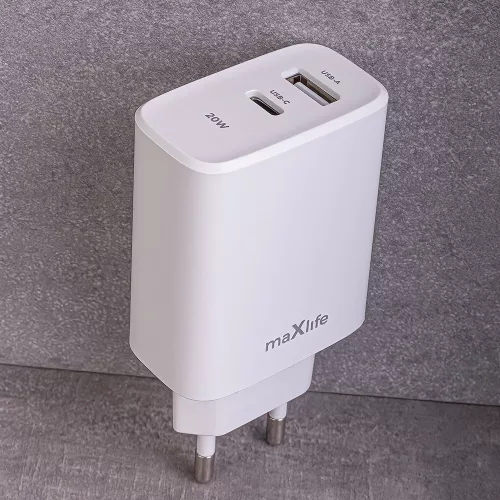 Maxlife MXTC-06 PD+QC 20W hálózati gyorstöltő adapter Type-C + USB - fehér