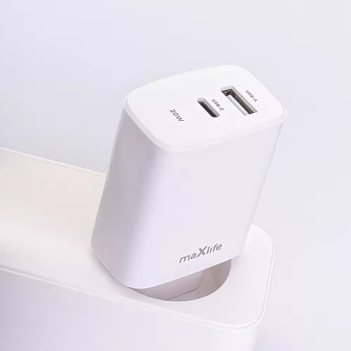 Maxlife MXTC-06 PD+QC 20W hálózati gyorstöltő adapter Type-C + USB - fehér