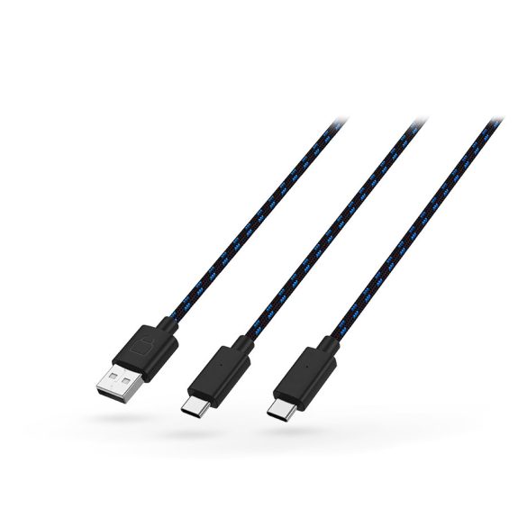 Venom USB-A - 2x USB Type-C töltőkábel 3 m-es vezetékkel - fekete/kék - ECO     csomagolás