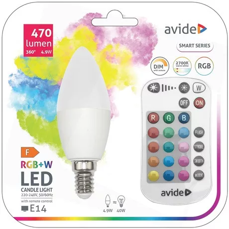 Avide ASC14RGBW-4.9W-RC izzó smart led candle 4.9w rgb+w 2700k ir távirányítóval