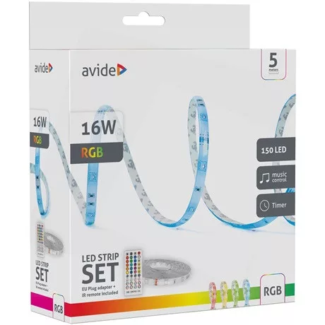 Avide ALSB5050RGBMU40-5M led szalag bliszter 12v 16w rgb 5m zene vezérlés + ir távirányító