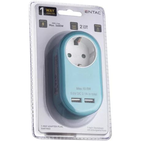 Entac EPAG-1EE-2USB-B hálózati adapter 1 földelt aljzat és 2 usb (össz. 2.1a) kék