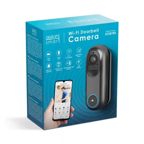Smart Wi-Fi-s videó kaputelefon - akkumulátoros, 12V - MicroSD, FHD, PIR - fekete (55387BK)