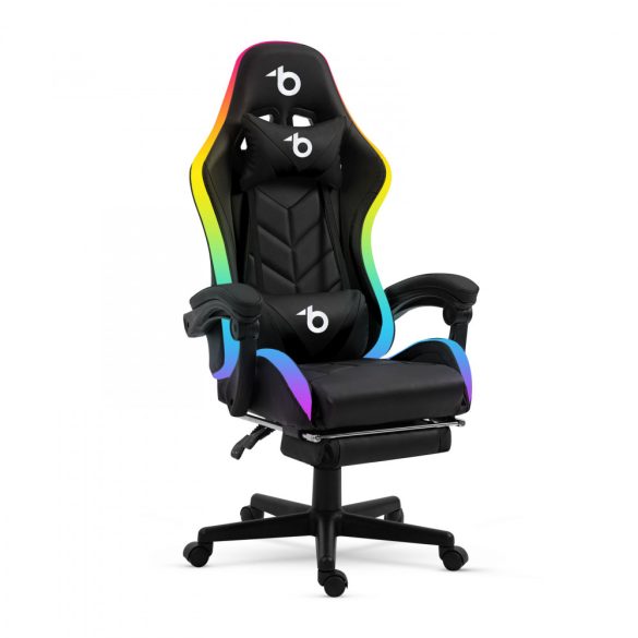 RGB LED-es gamer szék - karfával, párnával - fekete (BMD1115BK)