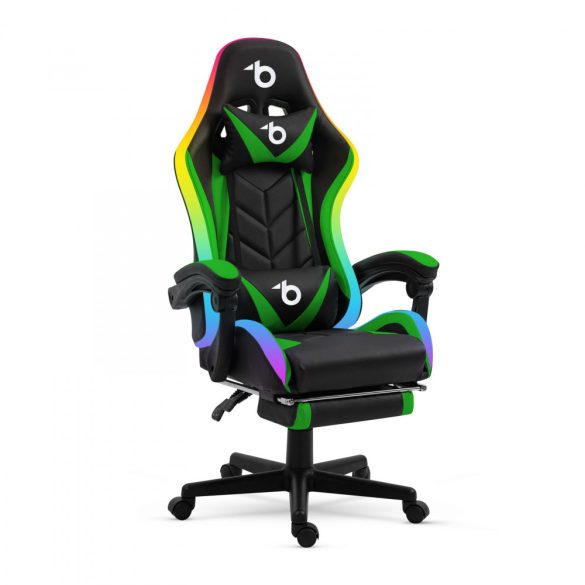 RGB LED-es gamer szék - karfával, párnával - fekete / zöld (BMD1115GR)
