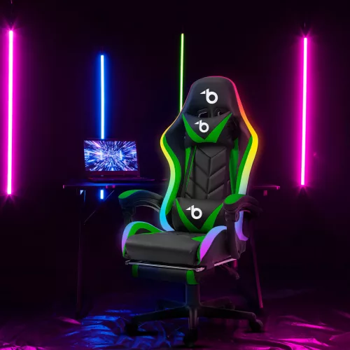RGB LED-es gamer szék - karfával, párnával - fekete / zöld (BMD1115GR)