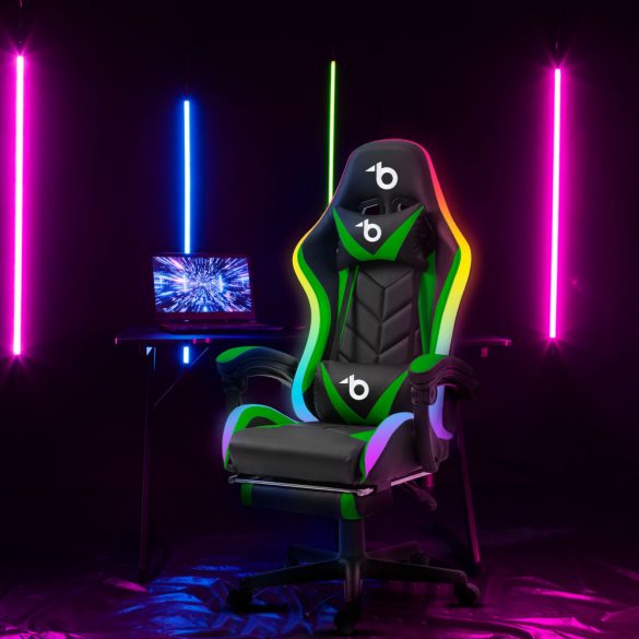 RGB LED-es gamer szék - karfával, párnával - fekete / zöld (BMD1115GR)
