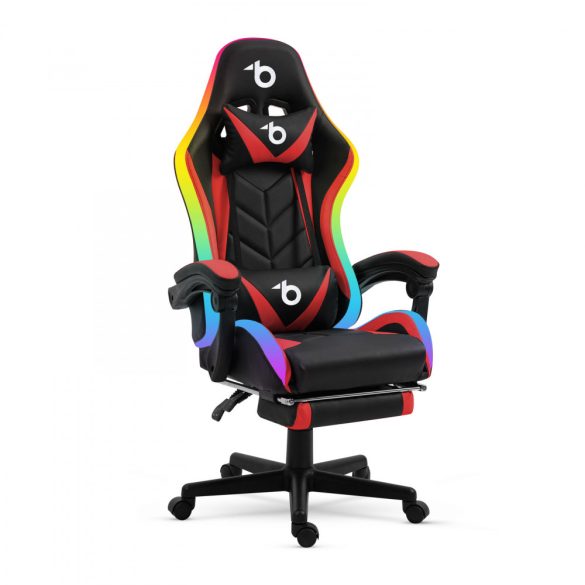RGB LED-es gamer szék - karfával, párnával - fekete / piros (BMD1115RD)