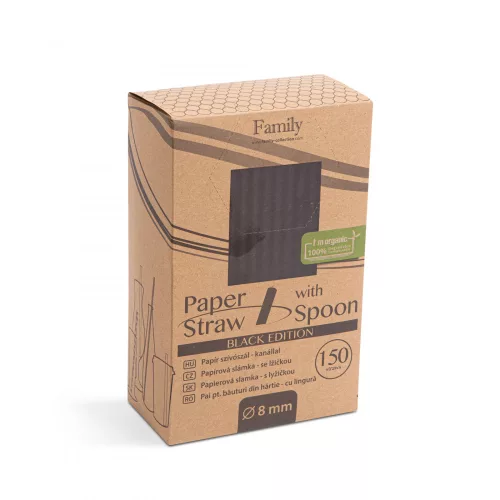 Family Papír szívószál - fekete, kanállal  - 200 x 8 mm - 150 db / csomag (57604A)
