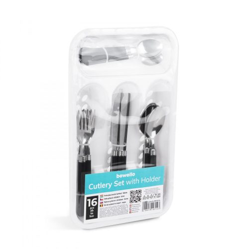 Bewello Evőeszköz készlet tartóval - fekete - 16 részes - 32,7 x 19,5 x 4,7 cm (BW1021A)