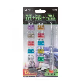  MNC Biztosíték készlet + fázisceruza + teszter - késes - 10 db - 6 - 24V, 3 - 30A (05713)