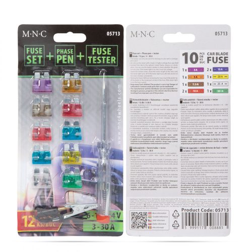 MNC Biztosíték készlet + fázisceruza + teszter - késes - 10 db - 6 - 24V, 3 - 30A (05713)