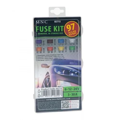 MNC Biztosíték készlet + kiszedő, tárolódobozban - 97 db - 3-30A (05715)
