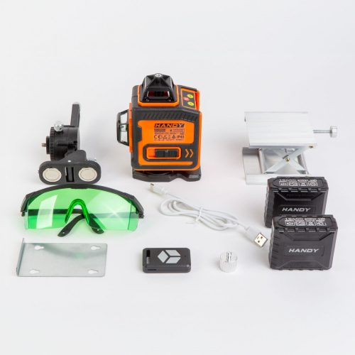 Handy Lézeres szintező szett - max 15 m - 16 zöld lézer - 3D/360° - 2 akkumulátor, 2 konzol, szemüveg (10058)