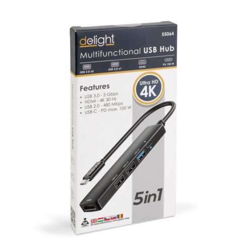 Delight Multifunkciós USB Hub - HDMI + Type-C 3.0 - 3xUSB-A, 1xType-C - 5 Gbps, 100 W - fekete (55064)