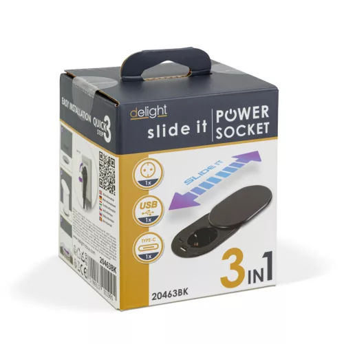 Delight Rejtett, beépíthető konnektor + USB + Type-C - "Slide it" technológiával (20463BK)