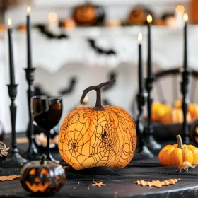   Family Halloween-i tök dekoráció - 16,5 cm - narancs, pókhálós - habszivacs (56540C)