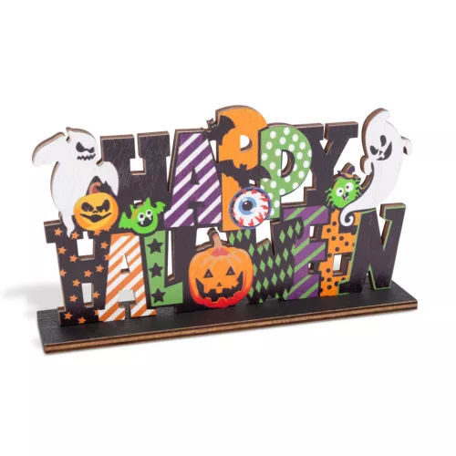 Family Halloween-i polc dekoráció fából - "Happy Halloween" - 17 x 10 x 4 cm (56554)