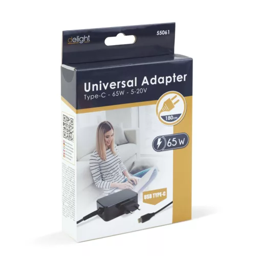 Delight Adapter - Type-C - 65W - 5-20V - 1,8 m - fekete (55061)