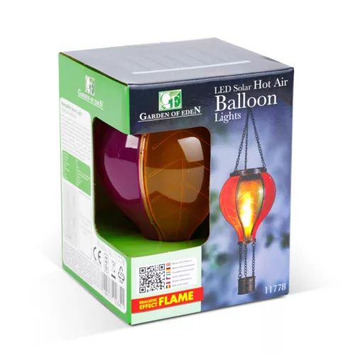 Garden Of Eden Felakasztható szolár lámpa - hőlégballon - lángeffekt - 12 sárga LED - 11 x 11 x 37 cm (11778)
