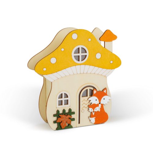 Világító dekoráció - gomba ház rókával - 15 x 16 x 5 cm - fából (59012B)