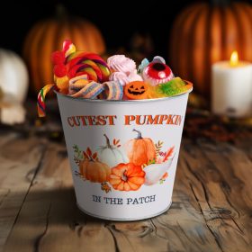   Őszi dekoráció - fém kaspó, vödör - tökös - 15 x 13,7 cm (59033A)