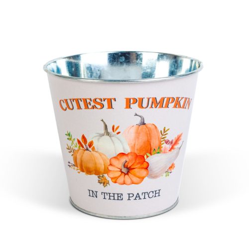 Őszi dekoráció - fém kaspó, vödör - tökös - 15 x 13,7 cm (59033A)