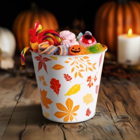   Őszi dekoráció - fém kaspó, vödör - leveles - 15 x 13,7 cm (59033B)