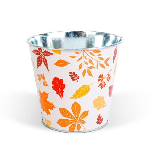 Őszi dekoráció - fém kaspó, vödör - leveles - 15 x 13,7 cm (59033B)