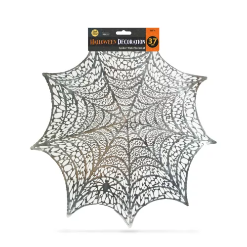 Halloween-i dekoráció - pókháló alátét - ezüst - Ø37 cm - műanyag (56576)