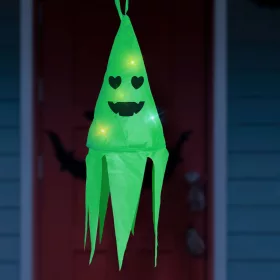   Halloween-i világító dekoráció - szellem - zöld - 10 színes LED - akasztható - 2 x 2032 - 75x20 cm (56598B)