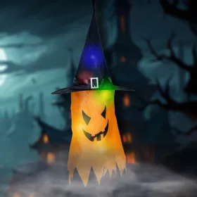   Family Halloween-i LED dekor - szellem - sárga - 10 színes LED - akasztható - 2 x 2032 - 75 x 35 cm (56569C)