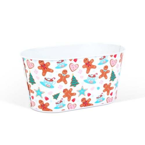 Karácsonyi fém kosár - mézeskalács mintás - 19 x 11,5 x 9,5 cm (59722A)